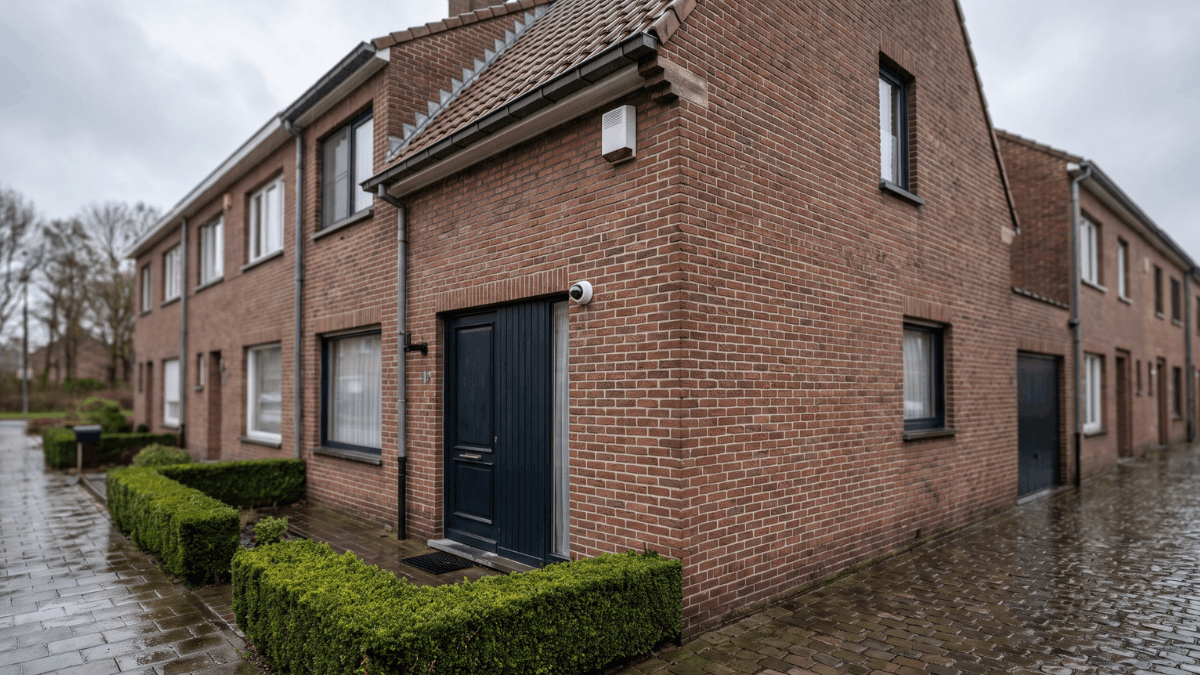 Belgische rijwoning alarmsirene gevel bewakingscamera voordeur