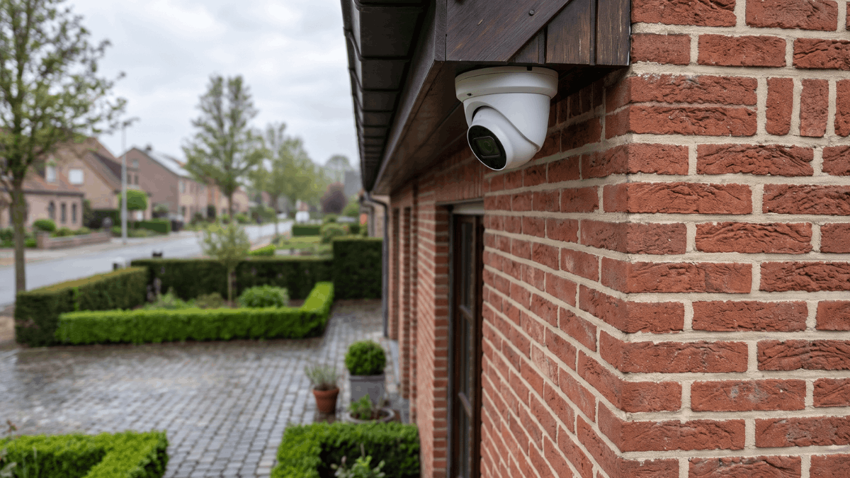 Een compacte witte dome-camera hangt onder de dakrand van een Vlaamse bakstenen rijwoning en bewaakt de oprit bij bewolkt daglicht.