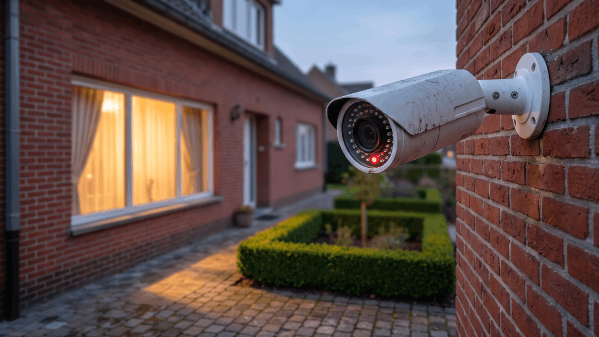 Een witte bullet-camera met zachtgloeiende infrarood-LED's hangt op de bakstenen gevel van een Belgische woning bij schemering terwijl warm licht door het raam naar buiten valt