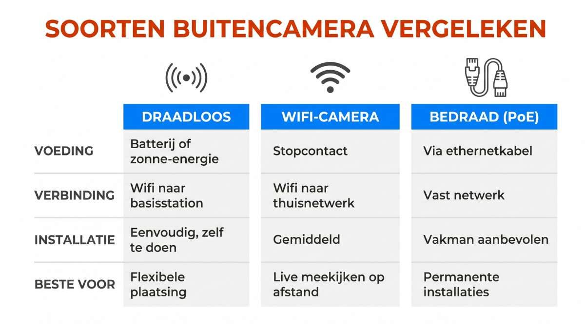 Infographic die drie soorten buitencamera vergelijkt op voeding, verbinding, installatie en geschiktheid in drie kolommen naast elkaar