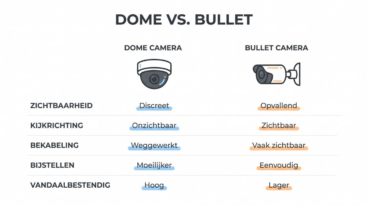 Infographic vergelijkt een dome camera met een bullet camera op vijf kenmerken waaronder zichtbaarheid, kijkrichting en vandaalbestendigheid