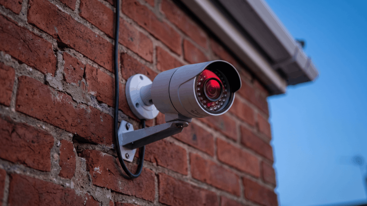 Een witte buitencamera hangt in de schemering tegen een rode bakstenen gevel terwijl de infraroodleds rond de lens zwak rood oplichten.