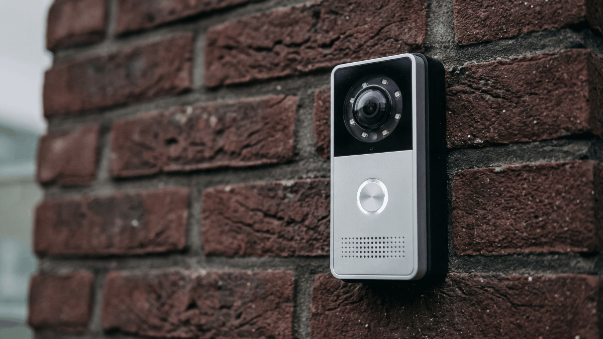 Close-up van een compacte videodeurbel op een bakstenen muur met zichtbare cameralens, infrarood-ledring en verlichte belknop.