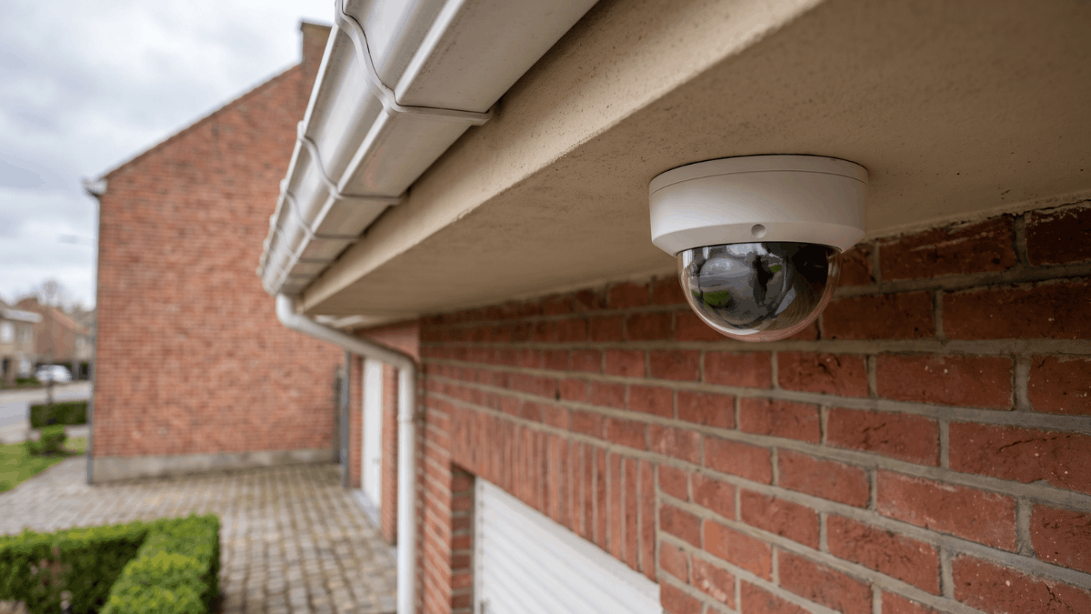 Een compacte witte dome camera hangt onder de dakrand van een Belgische rijwoning met rode bakstenen gevel, een klinkerpad en een lage buxushaag op straatniveau