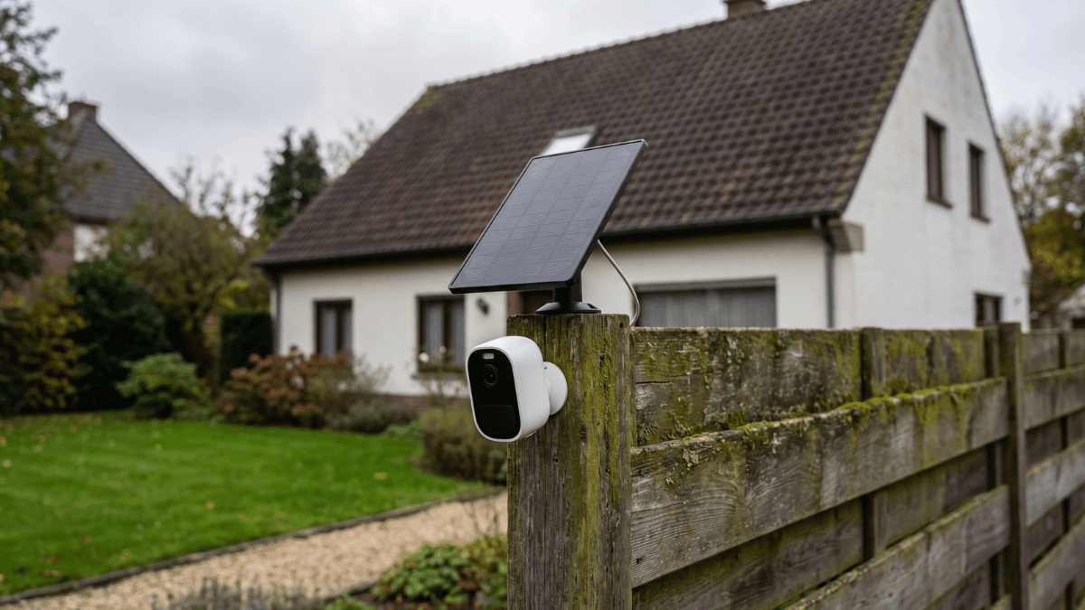 Kleine witte draadloze camera met bijbehorend zonnepaneel op een houten tuinpaal in een Belgische achtertuin