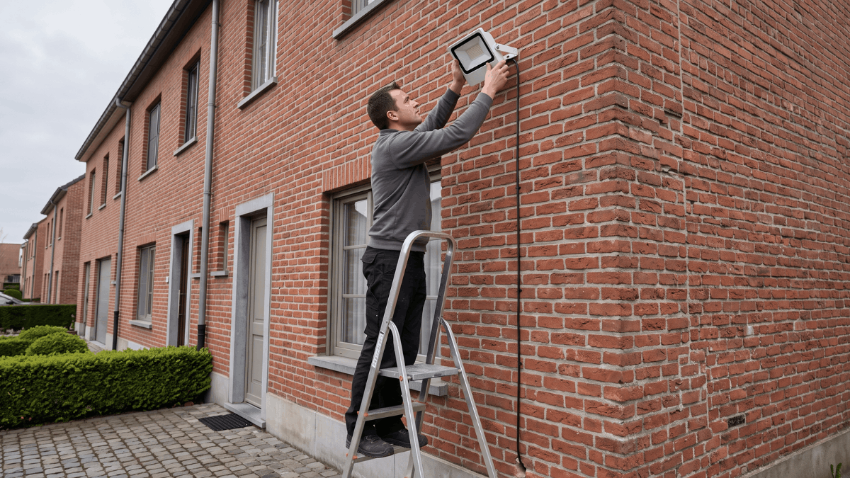 Een elektricien op een trapladder kantelt een breedstraler tegen de gevel naar beneden terwijl de kabel strak langs de baksteen loopt.