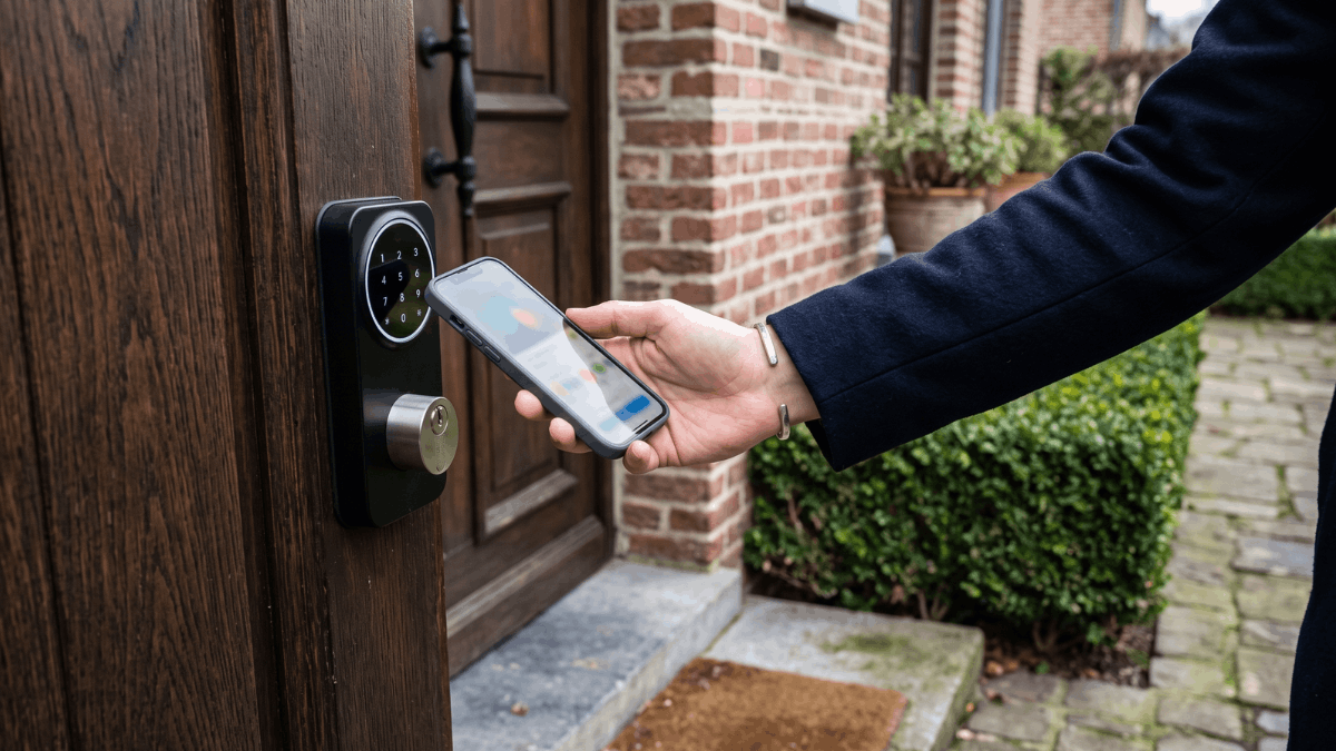 Een hand houdt een smartphone bij een mat-zwart slim deurslot op een donker gebeitste Belgische voordeur terwijl op de achtergrond een Vlaamse bakstenen gevel en lage buxushaag zichtbaar zijn.