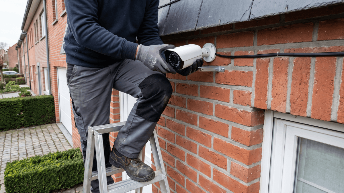 Een installateur op een trapladder monteert een witte buitencamera onder de dakrand van een Belgische rijwoning terwijl de kabel strak langs de bakstenen gevel loopt.