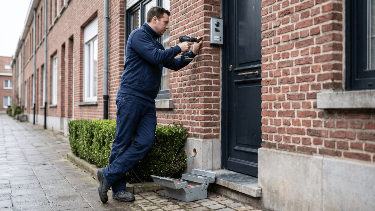 Een installateur in donkerblauwe werkkleding bevestigt met een accuboormachine een zilverkleurige videofoon-buitenpost naast een donkere voordeur op een Vlaamse bakstenen rijwoninggevel.