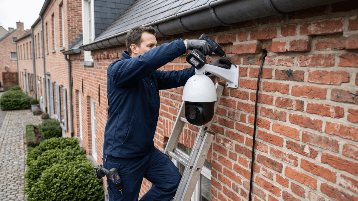 Een installateur op een ladder bevestigt de wandbeugel van een koepelcamera onder de dakrand van een Belgische rijwoning terwijl de netwerkkabel strak langs het baksteen naar beneden loopt