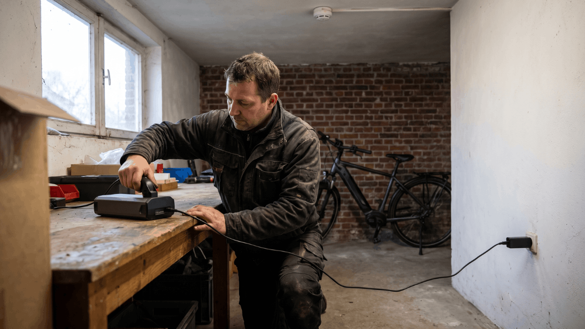 Een man hurkt bij een werkbank en sluit een lader aan op een fietsaccu die plat op het houten blad ligt.