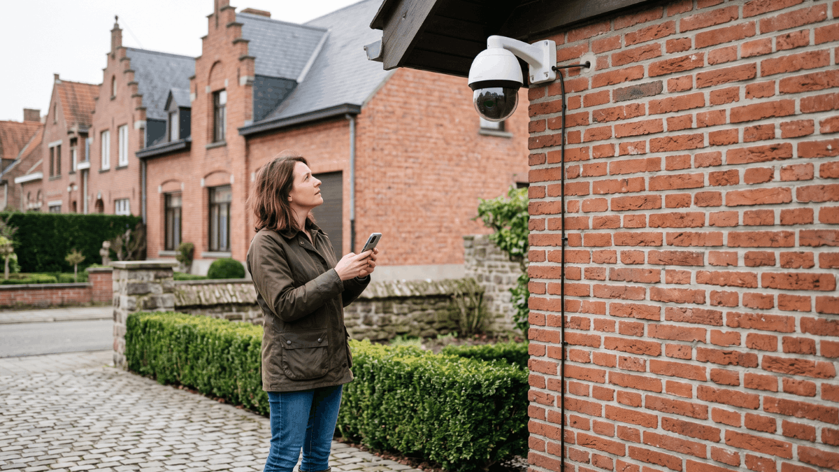 Een vrouw staat op haar oprit met haar smartphone in de hand en kijkt omhoog naar de witte koepelcamera die hoog tegen de bakstenen gevel hangt