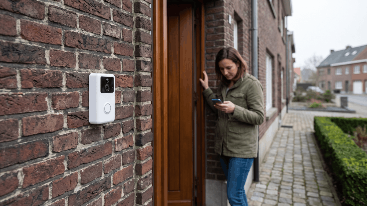 Vrouw in de deuropening van een Belgische rijwoning kijkt op haar smartphone terwijl een witte videodeurbel op de bakstenen muur naast de voordeur zichtbaar is.