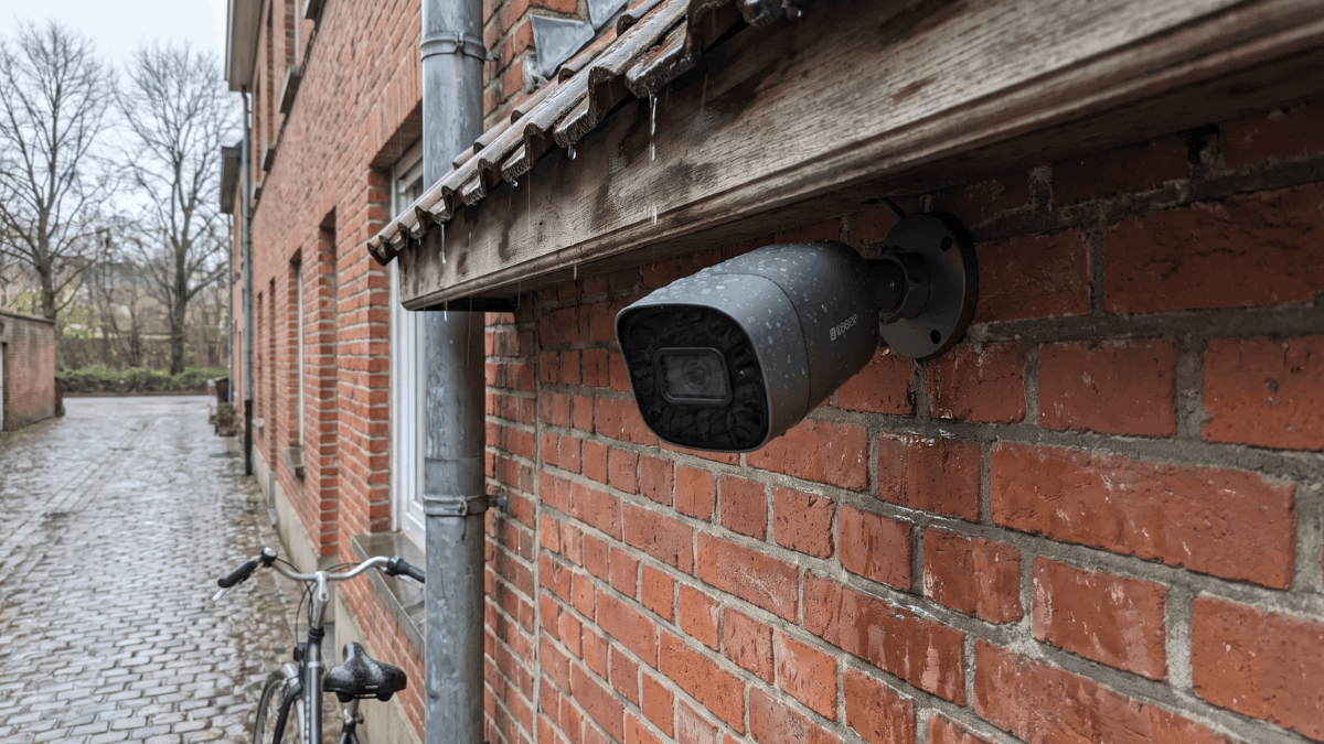 Donkergrijze weerbestendige camera onder de dakrand van een Vlaamse rijwoning terwijl regendruppels op de behuizing parelen en de natte bakstenen gevel glanst