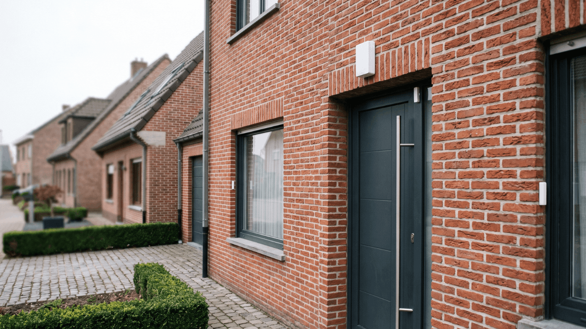 Een Belgische rijwoning met rode bakstenen gevel waar boven de voordeur een kleine witte draadloze alarmsensor hangt en op het raamkozijn van het gelijkvloers een wit magneetcontact zichtbaar is.