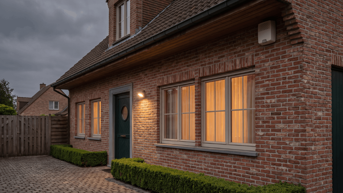 Een Belgische vrijstaande bakstenen woning in de schemering met een compacte witte buitensirene onder de dakrand en een sensorlamp die warm licht werpt op het pad naar de voordeur.