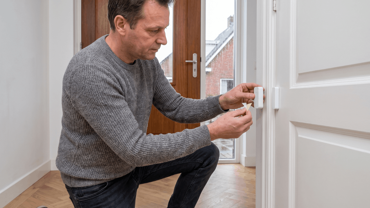 Een bewoner drukt in een lichte hal met eiken visgraatparket een klein wit draadloos magneetcontact tegen een geschilderd deurkozijn terwijl de andere hand de plakstrip loslaat.