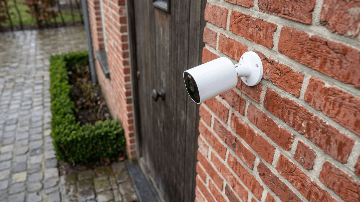 Een compacte witte draadloze beveiligingscamera hangt op ooghoogte naast een donkere voordeur op een rode Vlaamse baksteengevel.