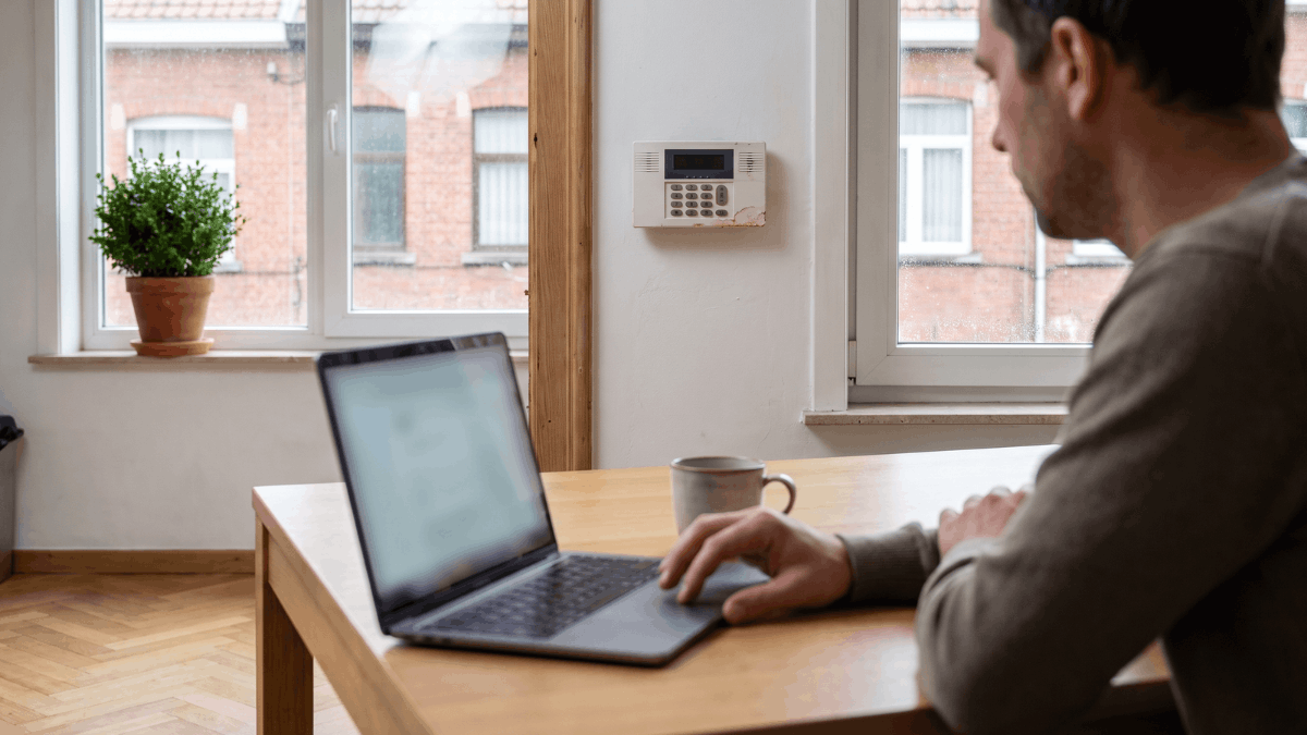 Een man scrollt aan de keukentafel op zijn laptop terwijl achter hem het bedieningspaneel van het alarmsysteem naast de deuropening aan de muur hangt