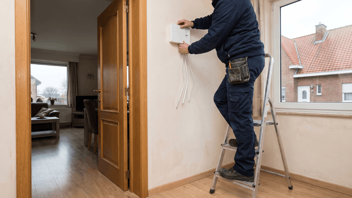 Een beveiligingstechnicus op een trapladder bevestigt een compact alarmpaneel aan de muur in de hal van een woning.