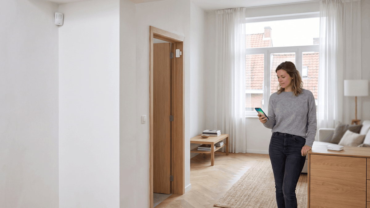 Een vrouw in een Belgische woonkamer bekijkt haar smartphone terwijl in de ruimte een draadloze bewegingsmelder hoog in de hoek, een deursensor op het deurkozijn en een witte hub op het dressoir zichtbaar zijn.