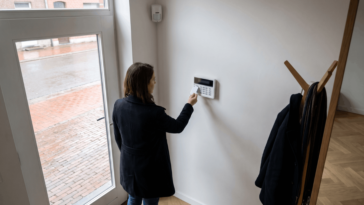 Een vrouw houdt een witte badge tegen het bedieningspaneel van het alarmsysteem naast de voordeur terwijl hoog in de hoek van de inkomhal een draadloze bewegingsdetector hangt