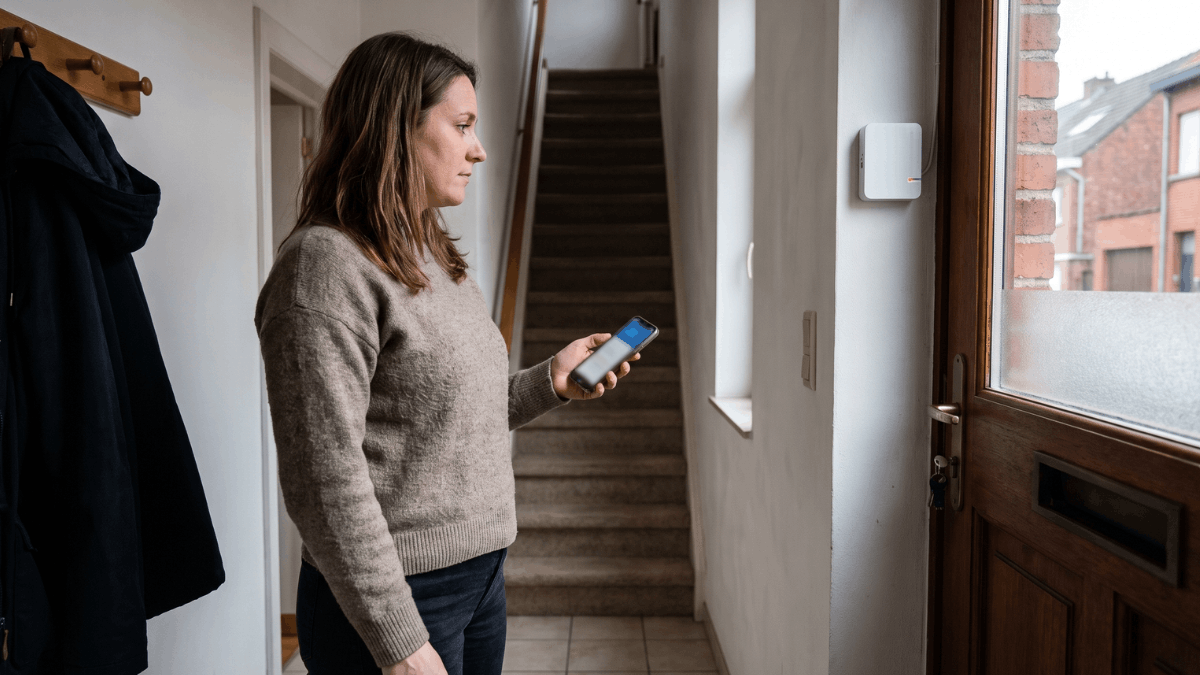 Een vrouw staat in de gang van een Belgische rijwoning met een smartphone in haar hand terwijl een compacte witte alarmhub aan de muur naast de voordeur zichtbaar is.