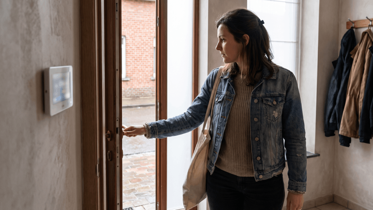 Een vrouw kijkt bij het binnenkomen naar het alarmpaneel aan de muur in de hal van haar woning.